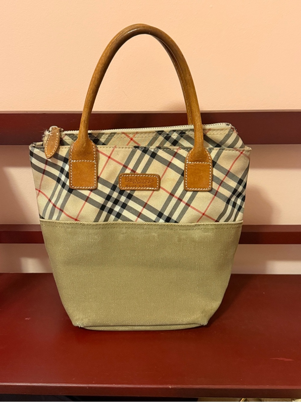 Burberry Tan & Beige Check Canvas Tote with Brown Leather Handles